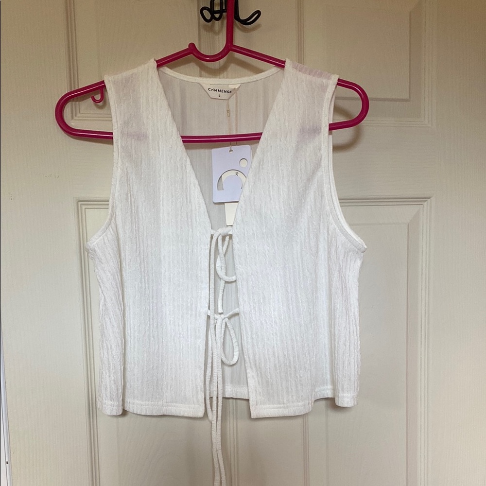 Commense White Ribbed Tie Front Tank Top